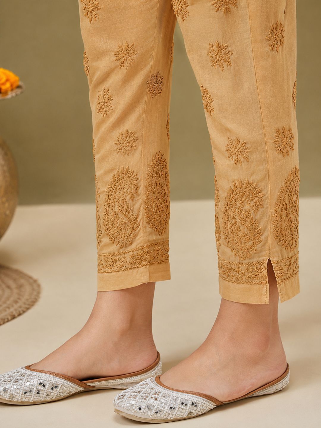 Ada Hand Embroidered Fawn Cotton Lucknowi Chikankari Palazzo A100586