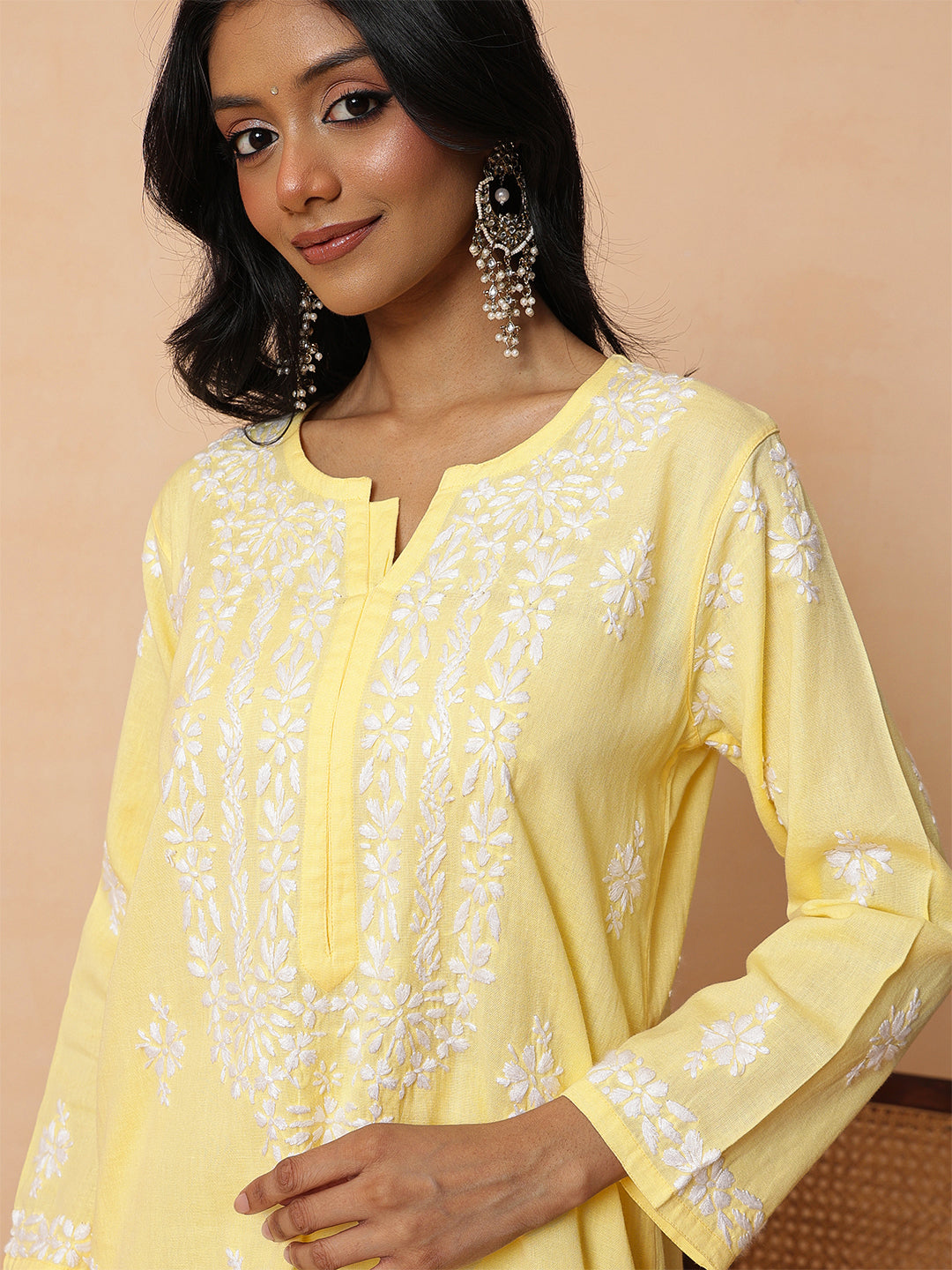 Ada Hand Embroidered Yellow Linen Lucknowi Chikankari Co-Ord Set A811388