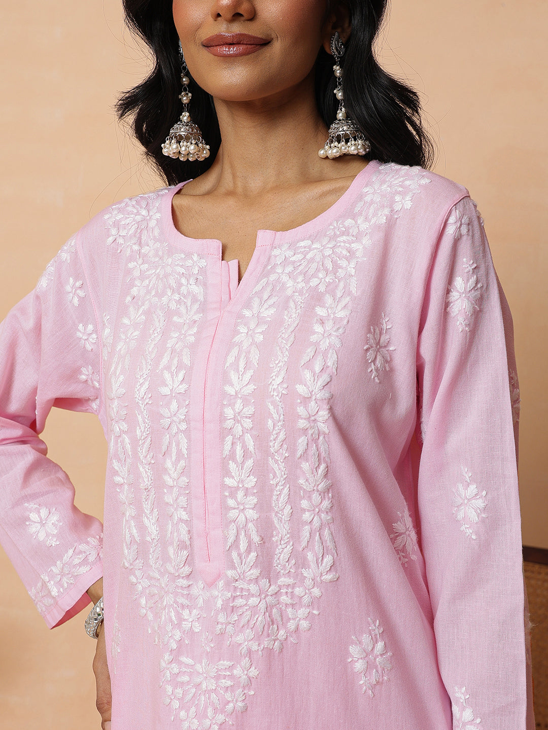 Ada Hand Embroidered Pink Linen Lucknowi Chikankari Co-Ord Set A811389
