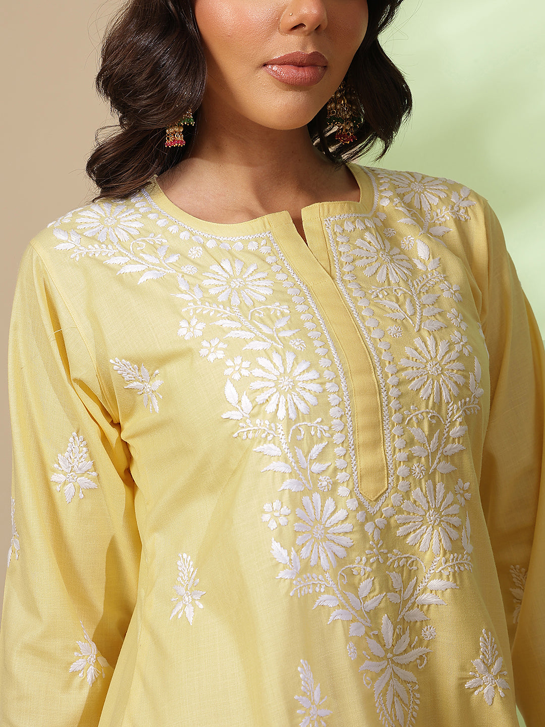 Ada Hand Embroidered Yellow Cotton Lucknow Chikankari Kurta A411814