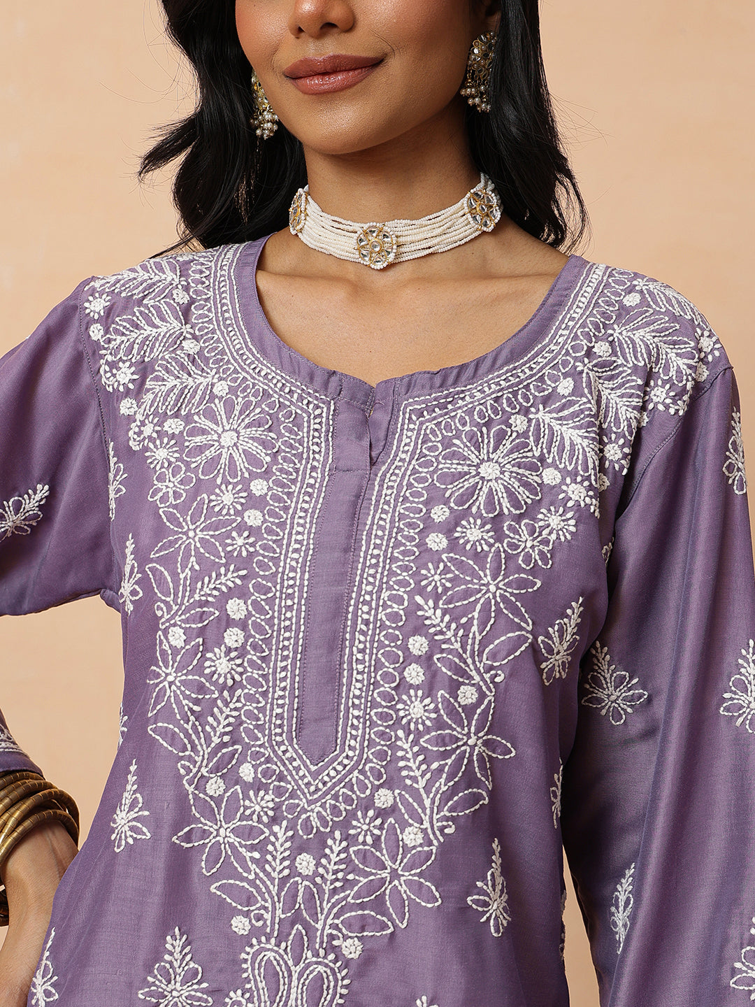Ada Hand Embroidered Mauve Muslin Lucknowi Chikankari Short Kurti A911587