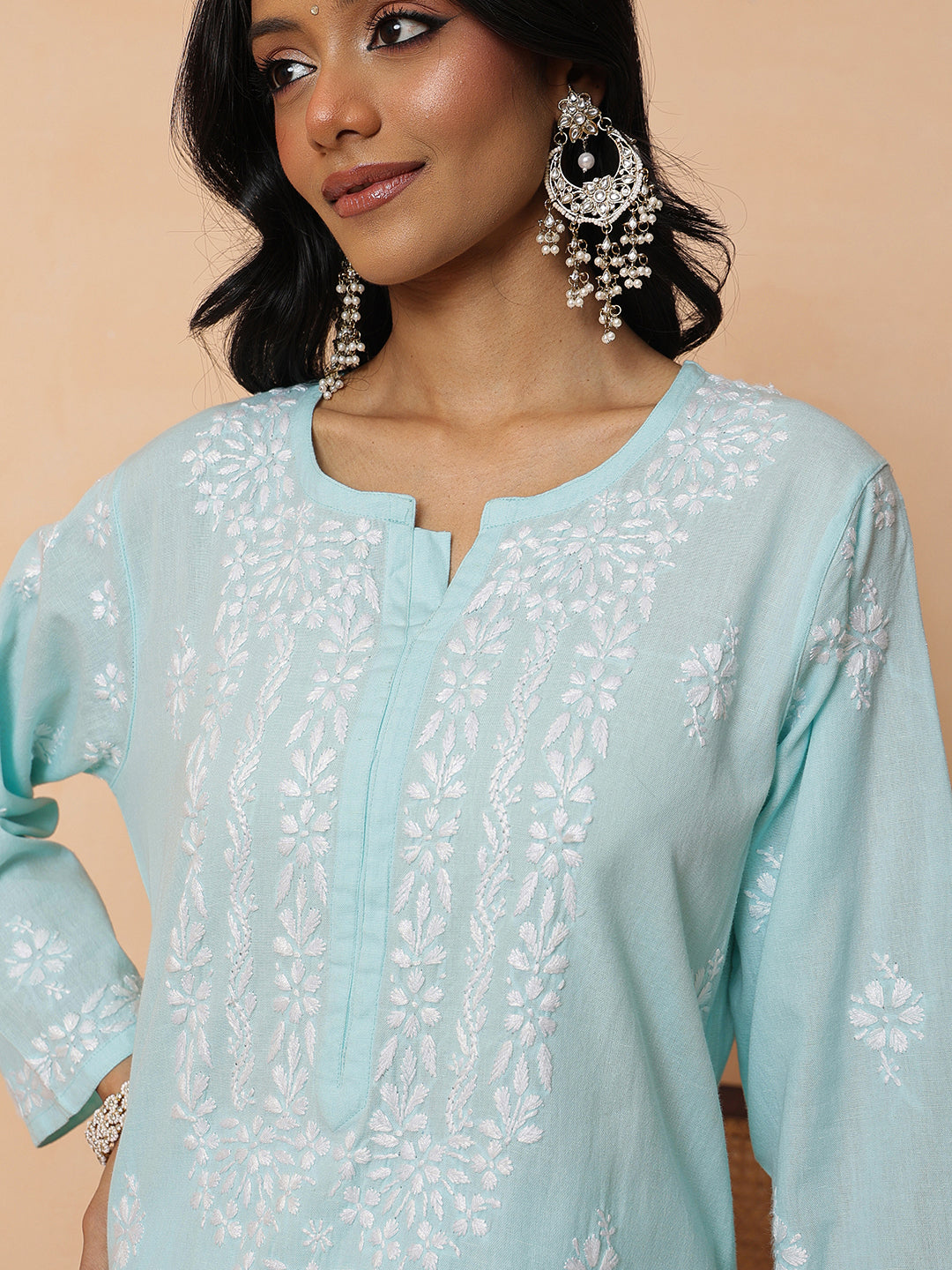Ada Hand Embroidered Blue Linen Lucknowi Chikankari Co-Ord Set A811385