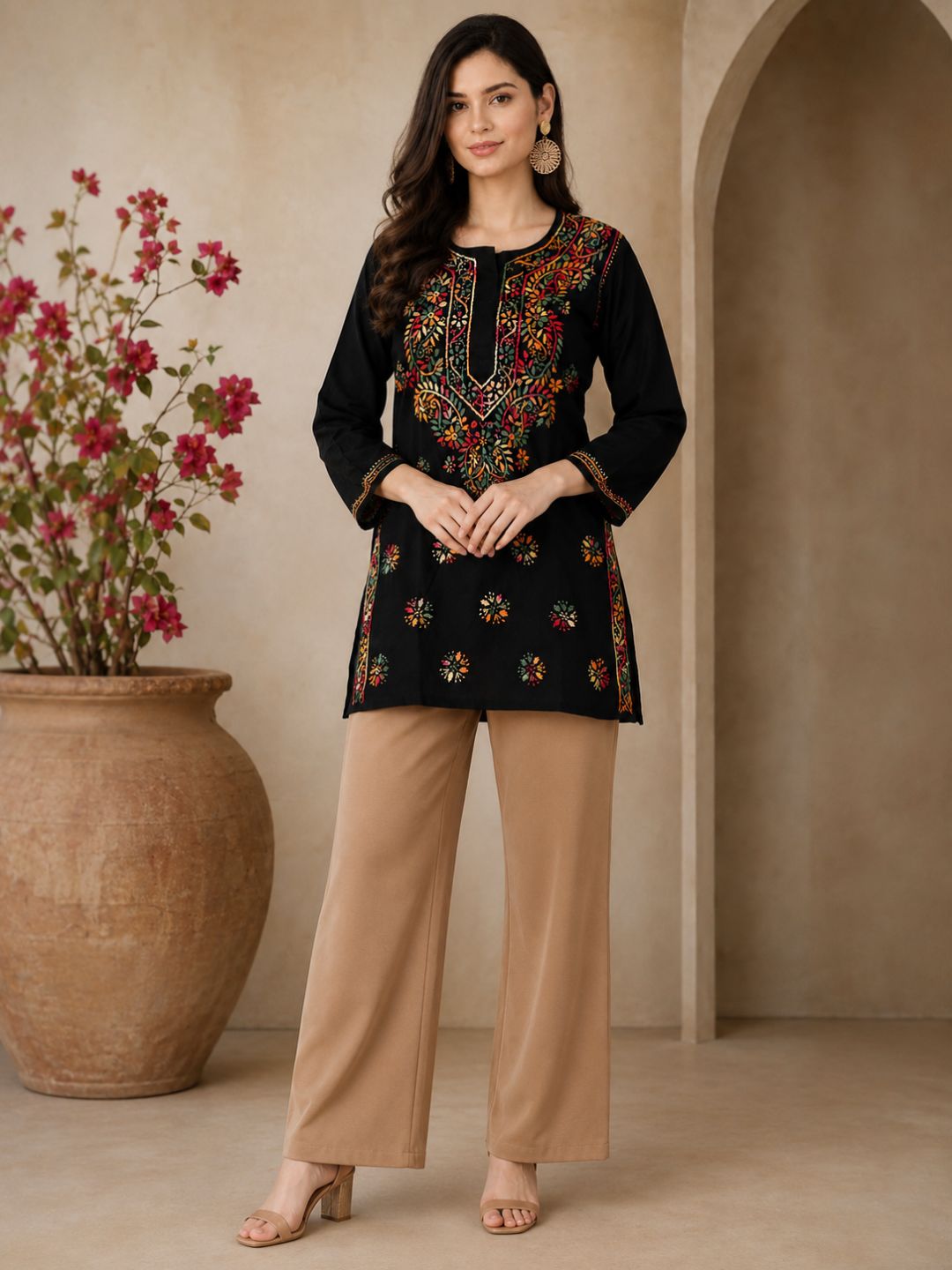 Ada Hand Embroidered Black Cotton Lucknowi Chikankari Straight Kurti A100386