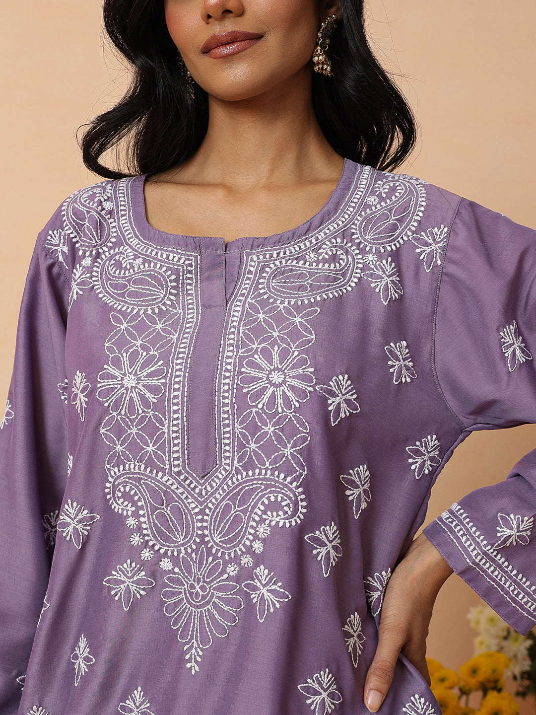 Ada Hand Embroidered Mauve Muslin Lucknowi Chikankari Short Kurti A911580
