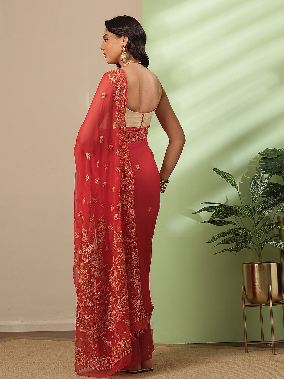 Ada Hand Embroidered Red Georgette Lucknowi Chikankari Saree With Blouse A311193