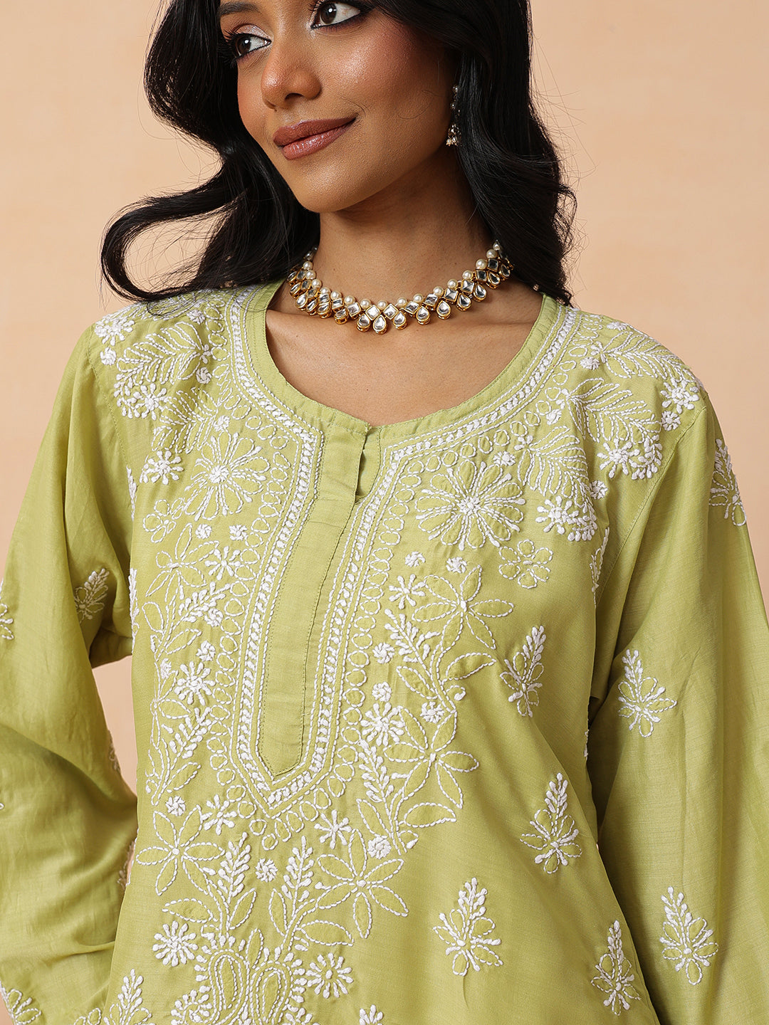 Ada Hand Embroidered Green Muslin Lucknowi Chikankari Short Kurti A911582
