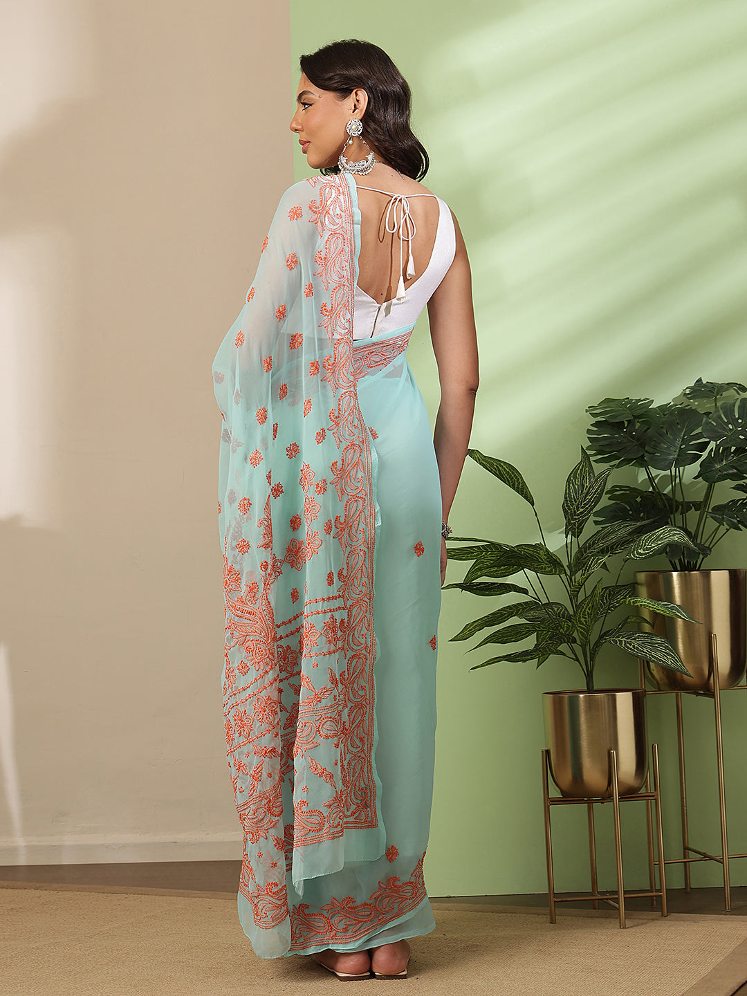 Ada Hand Embroidered Sea Green Georgette Lucknow Chikan Saree with Blouse A311192
