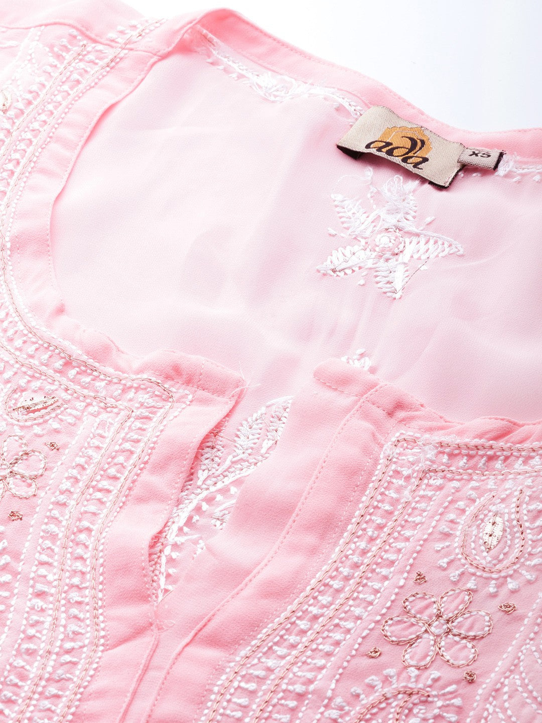 Ada Hand Embroidered Pink Georgette Lucknowi Chikan Straight Kurta/Slip with Gota patti Work A411112