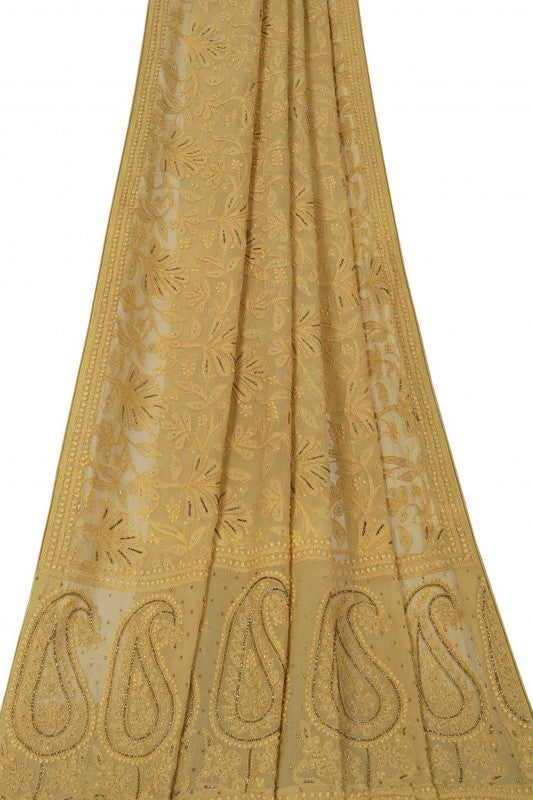 Ada Hand Embroidered Gold Mustard Pure Georgette Lucknowi Chikankari Dupatta with Cutdana Work A589250