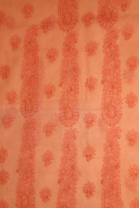 Ada Hand Embroidered Salmon Peach Kota Lucknowi Chikan Unstitched Kurta Dupatta Set-A596893