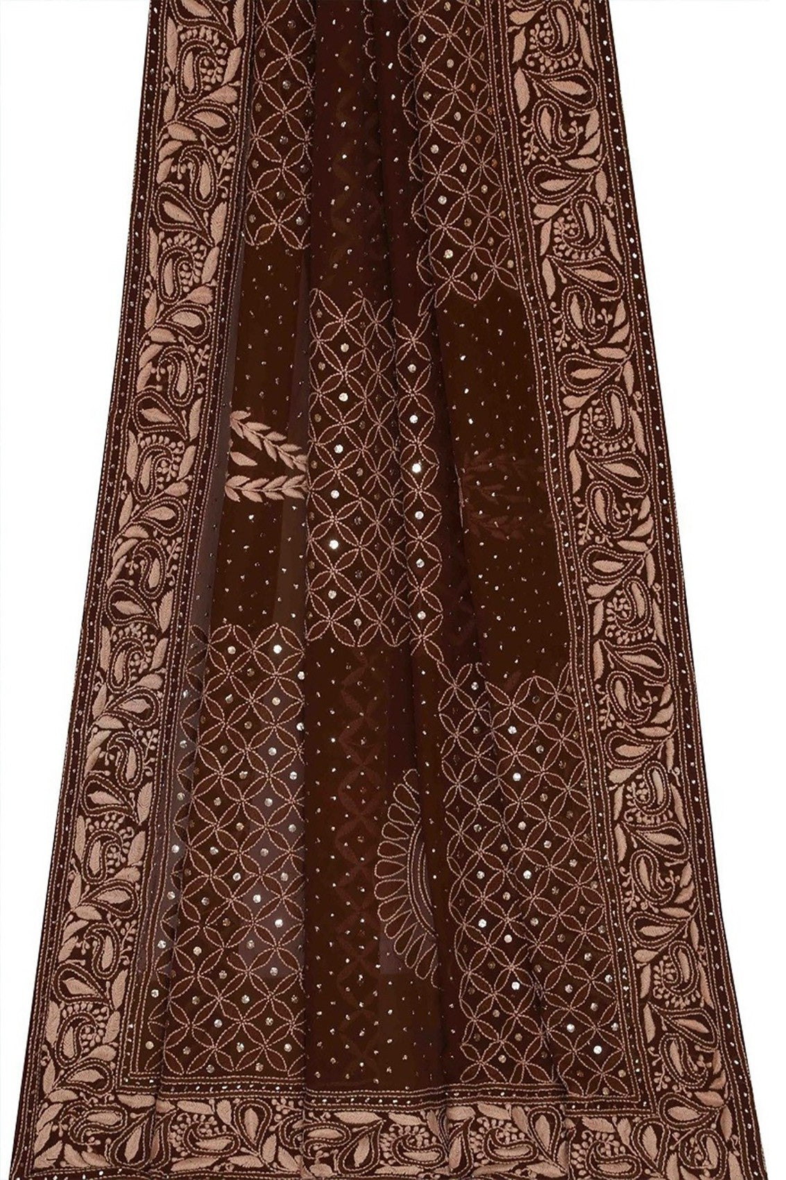 Ada Hand Embroidered Dark Brown Pure Georgette Lucknowi Chikankari Dupatta With Muqaish Work A430703