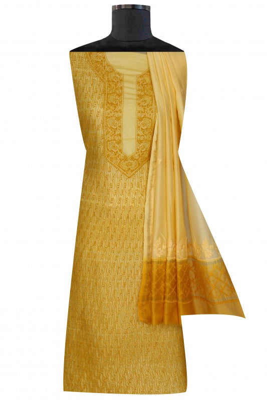 Ada Hand Embroidered Fawn Tusser Silk Chikan Unstitched Kurta Duppata set A606093