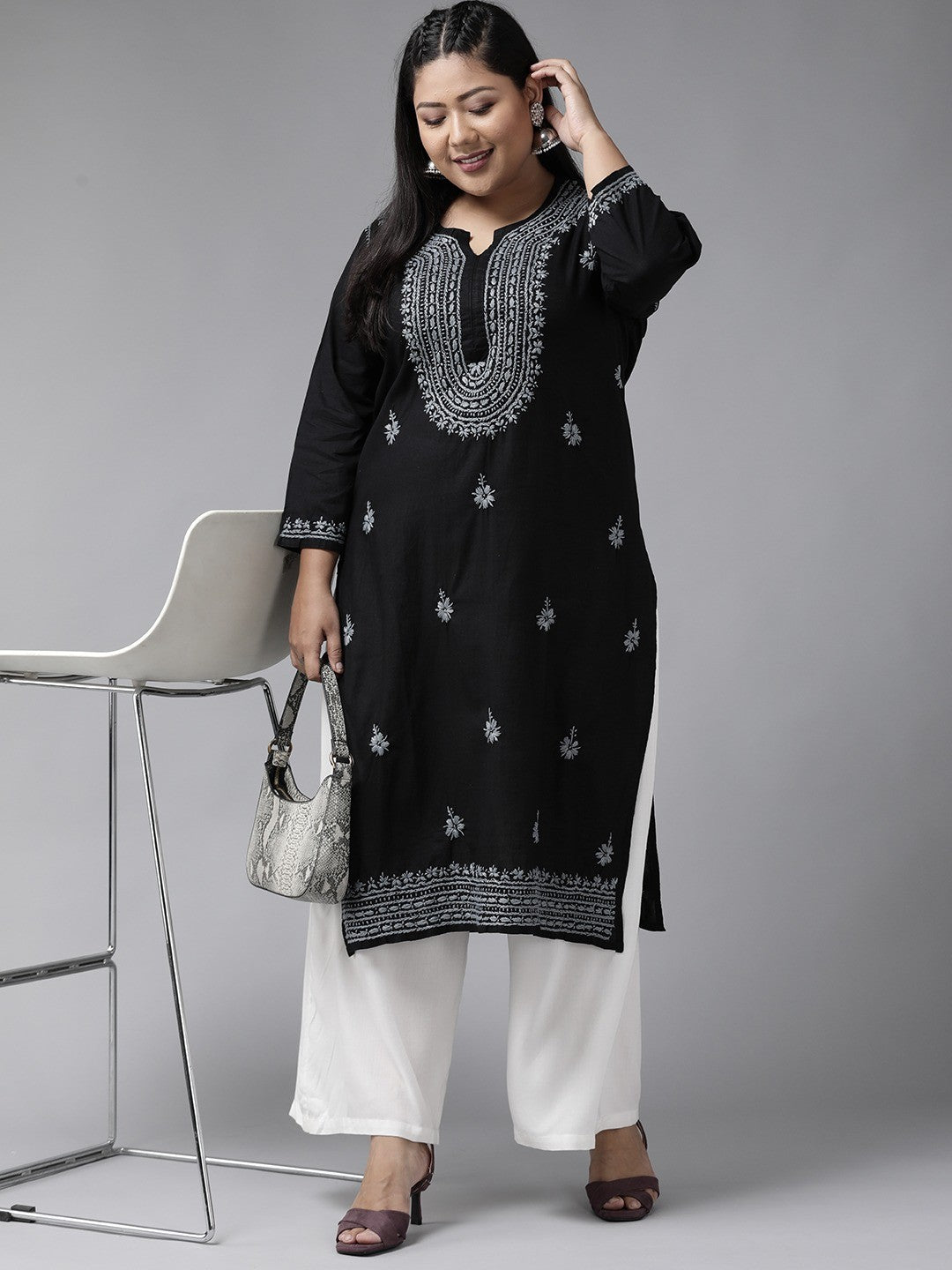 Ada Hand Embroidered Black Cotton Lucknowi Chikankari Kurta A396432