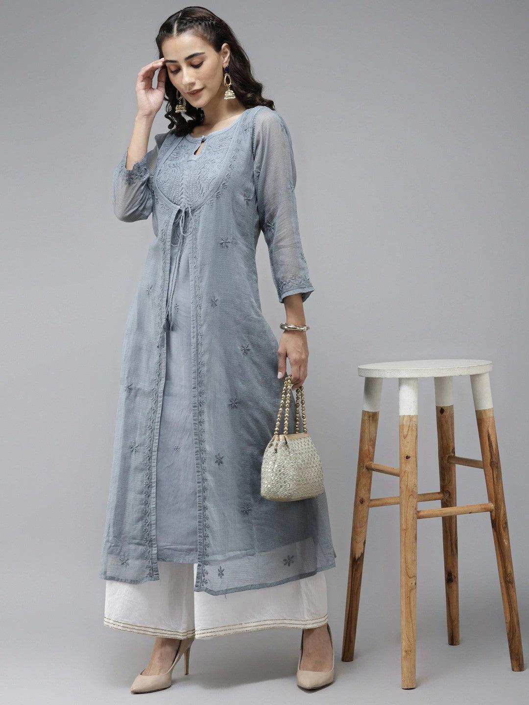 Ada Hand Embroidered Grey Kota Lucknowi Chikankari A-Line Kurta- A411170
