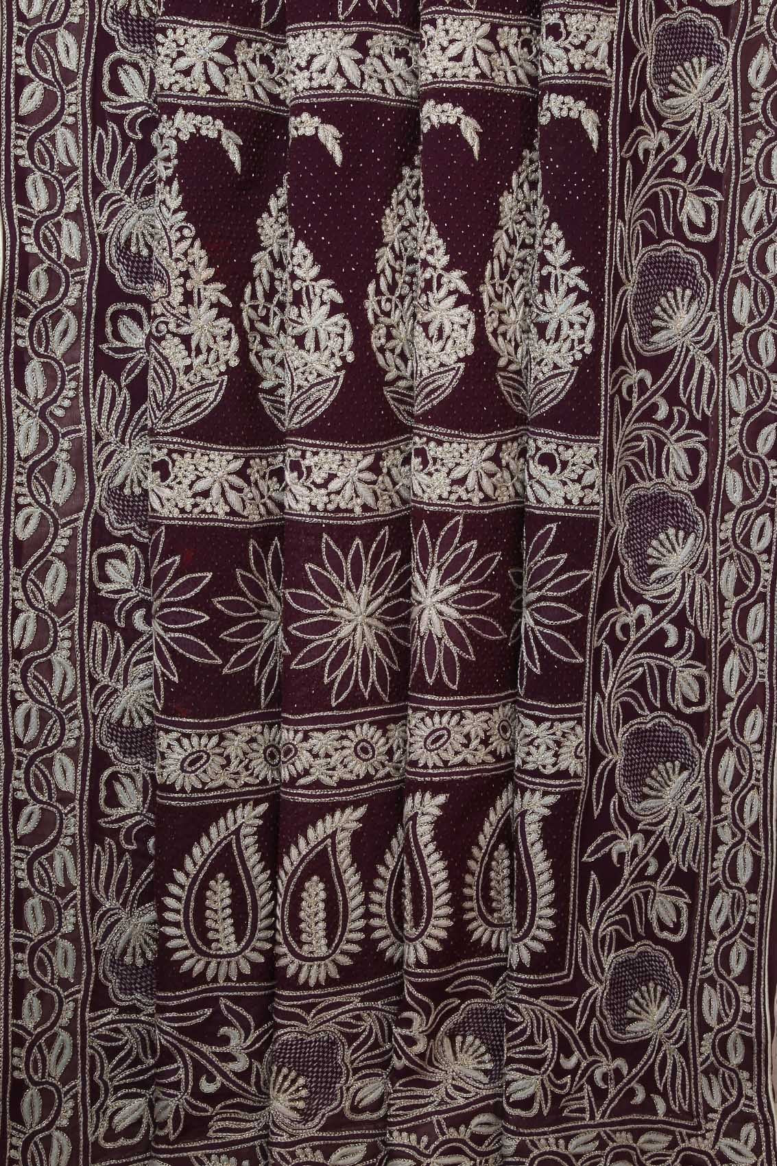 Ada Hand Embroidered Cream & Wine Ombre shade Pure Georgette Lucknowi Chikankari Saree/Blouse With Zari Work A59038