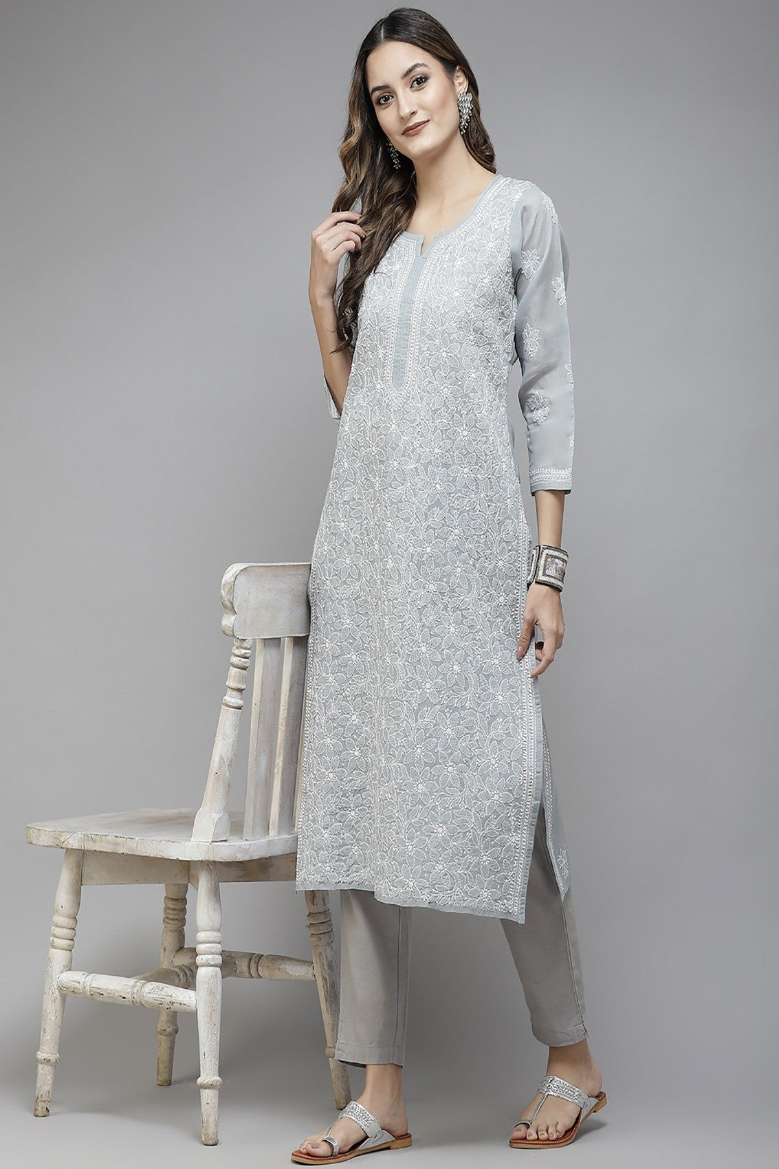 Ada Hand Embroidered Grey Cotton Lucknowi Chikankari Straight Kurta A411386