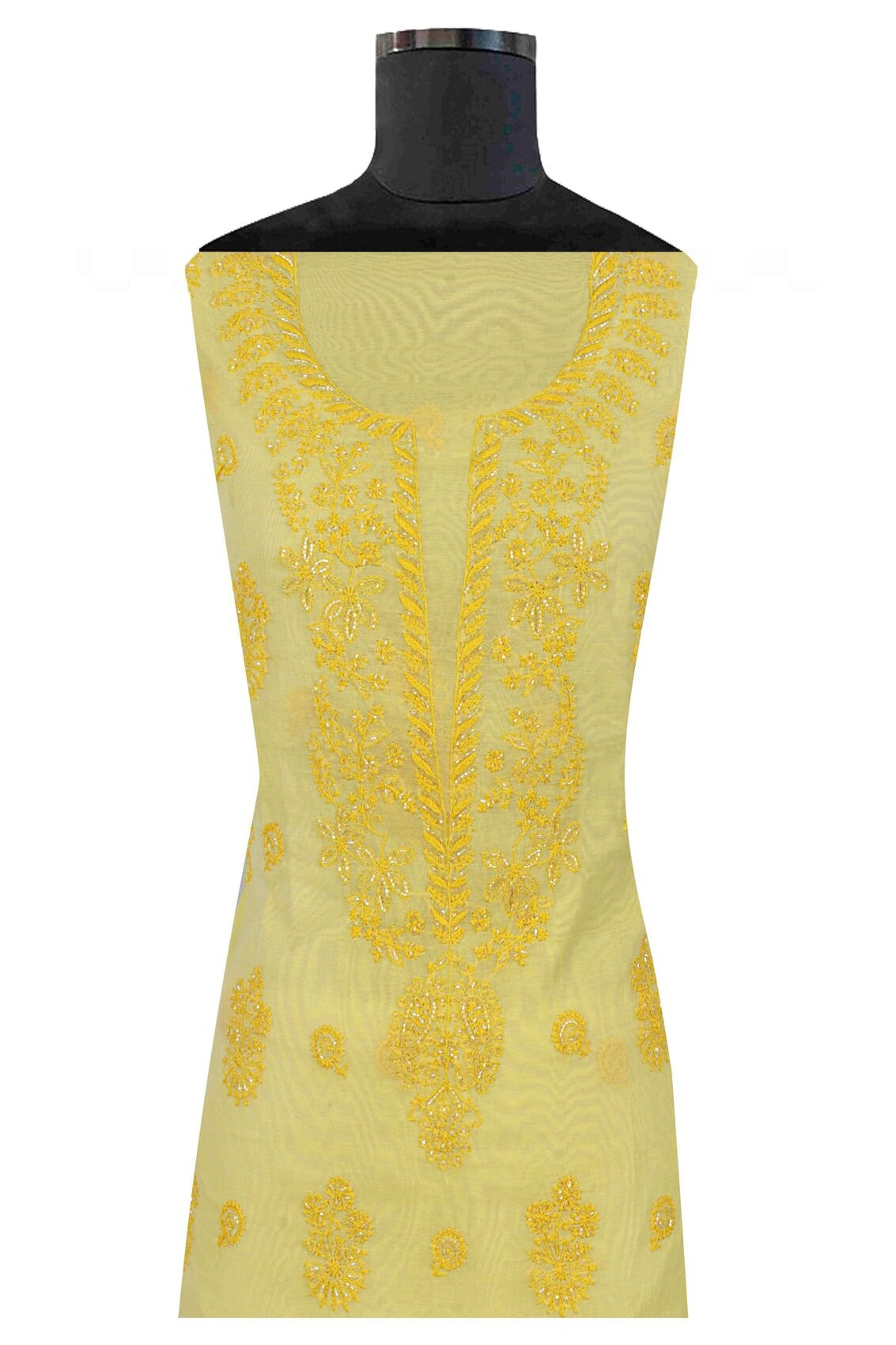 Ada Hand Embroidered Yellow Cotton Lucknowi Chikankari Unstitched Suit Piece With Cutdana Work A615368