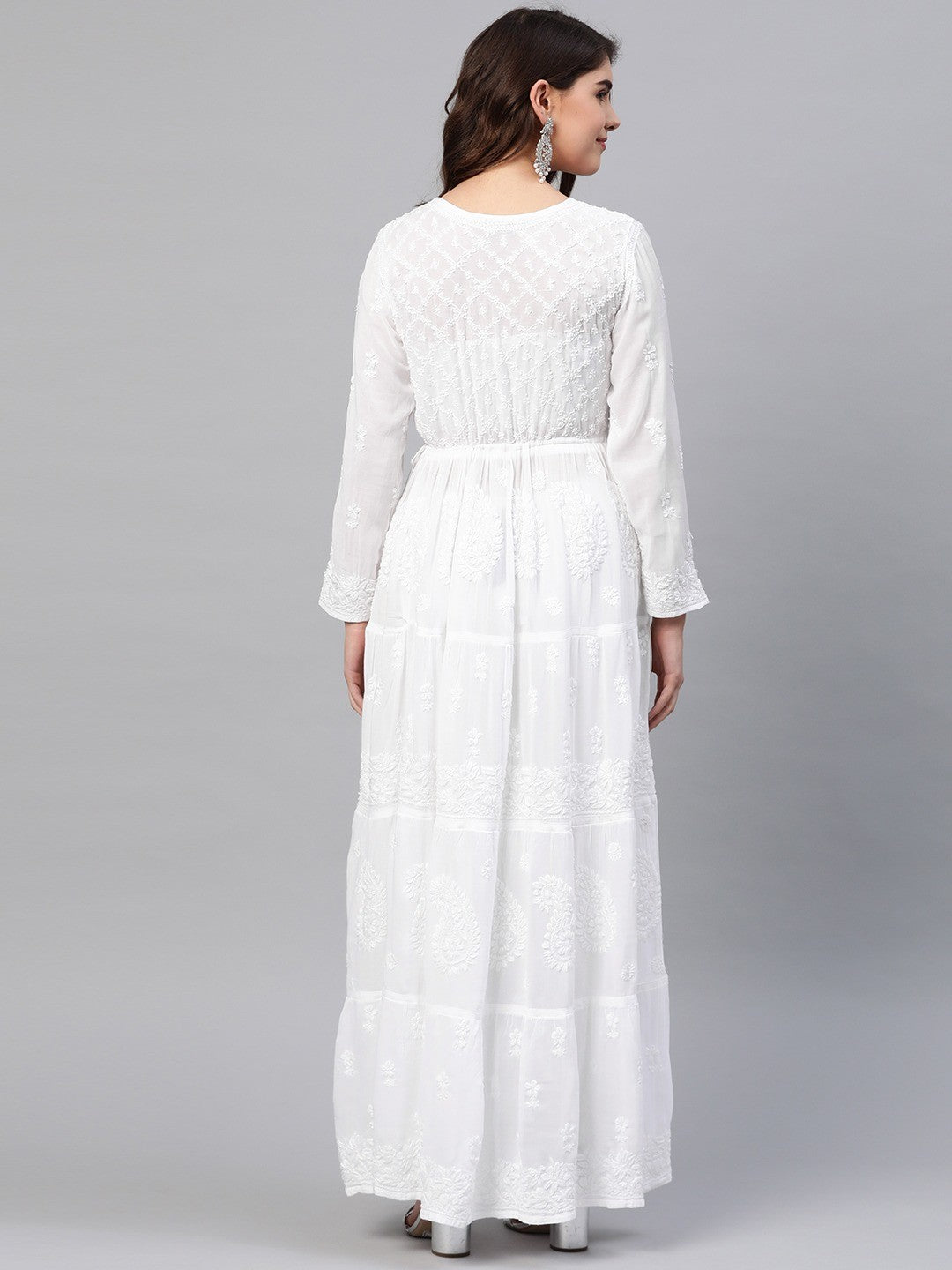 Ada Hand Embroidered White Muslin Lucknow Chikankari Anarkali Kurta-A411153