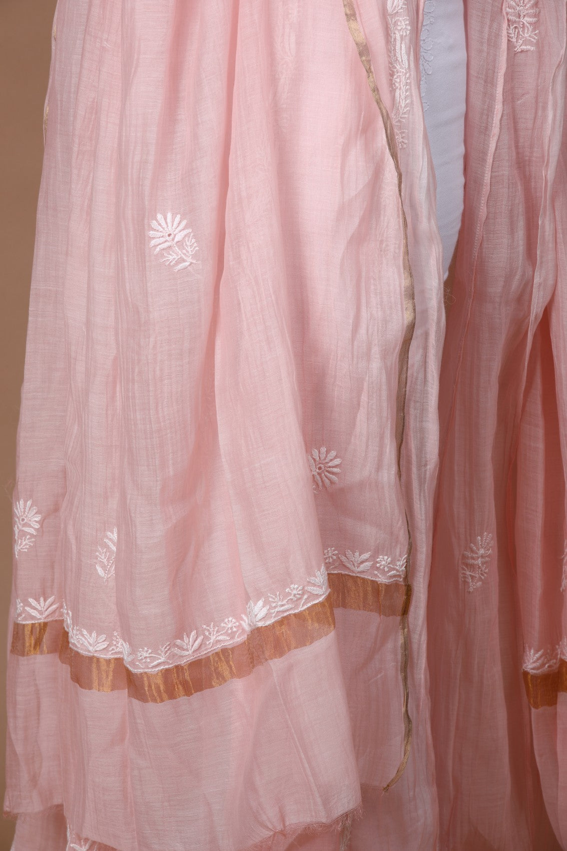 Ada Hand Embroidered Apricot Peach Chanderi Lucknowi Chikankari Semi-Stitched Anarkali Kurta Dupatta Set 01A247815