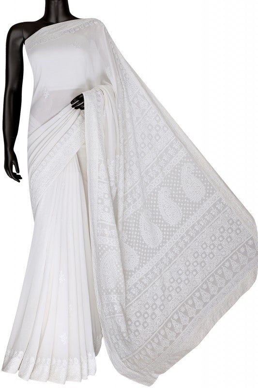 Ada Hand Embroidered White Pure Georgette Lucknowi Chikankari Saree With Blouse A459386