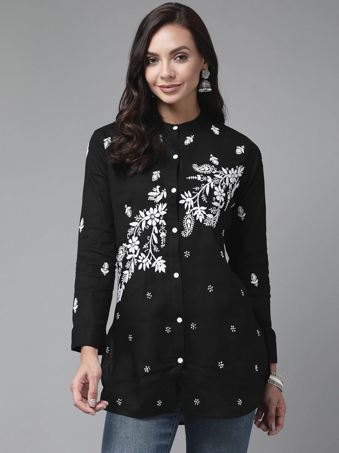 Ada Hand Embroidered Black Cotton Lucknowi Chikankari Short Kurti A911222