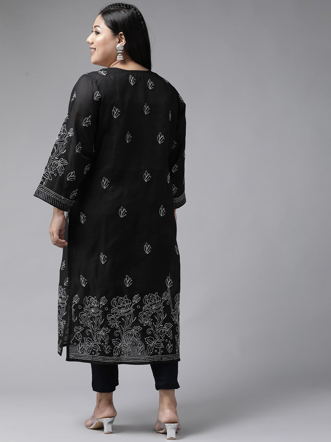 Ada Hand Embroidered Black Cotton Lucknow Chikan Straight Kurta A237205