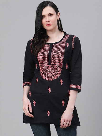Ada Hand Embroidered Black Cotton Lucknowi Chikankari Straight Kurti A911112