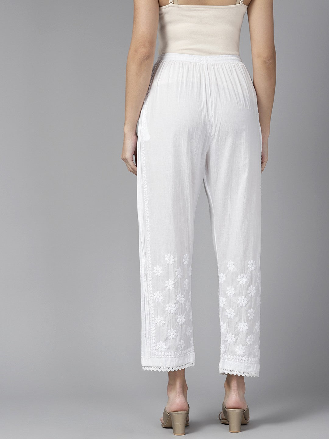 Ada Hand Embroidered White Cotton Lucknowi Chikankari Pant A711172