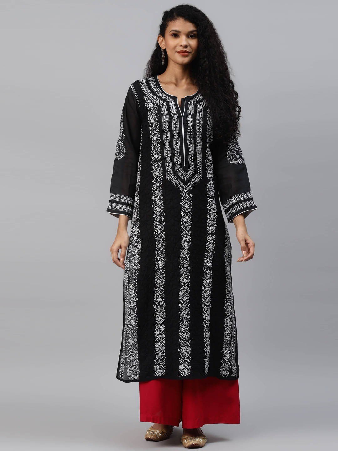 Ada Hand Embroidered Black Cotton Lucknowi Chikankari Straight Kurta A230771