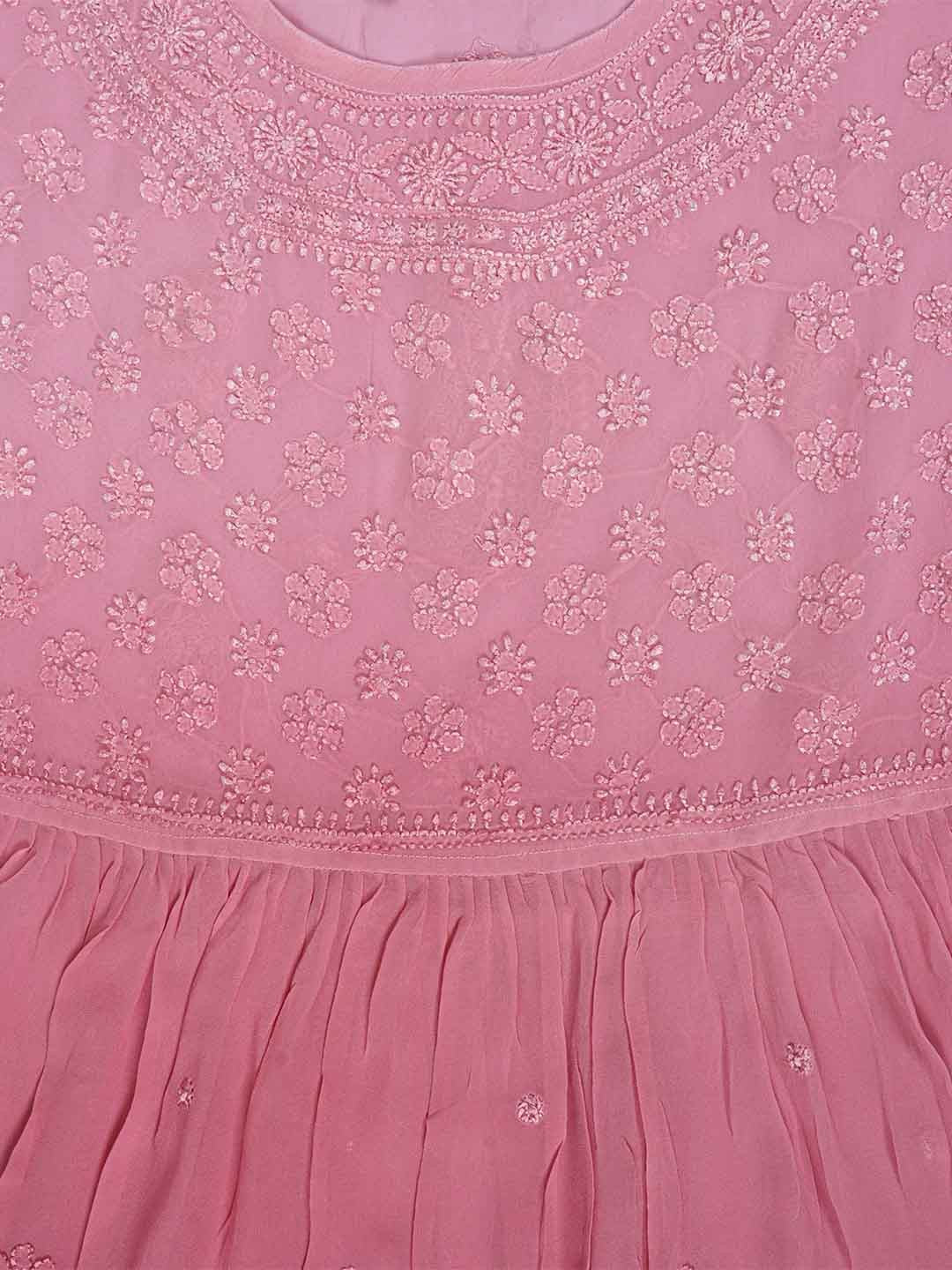 Ada Hand Embroidered Onion Pink Viscose Georgette Lucknowi Chikankari Kurta Dupatta And Palazzo Set 01A220225