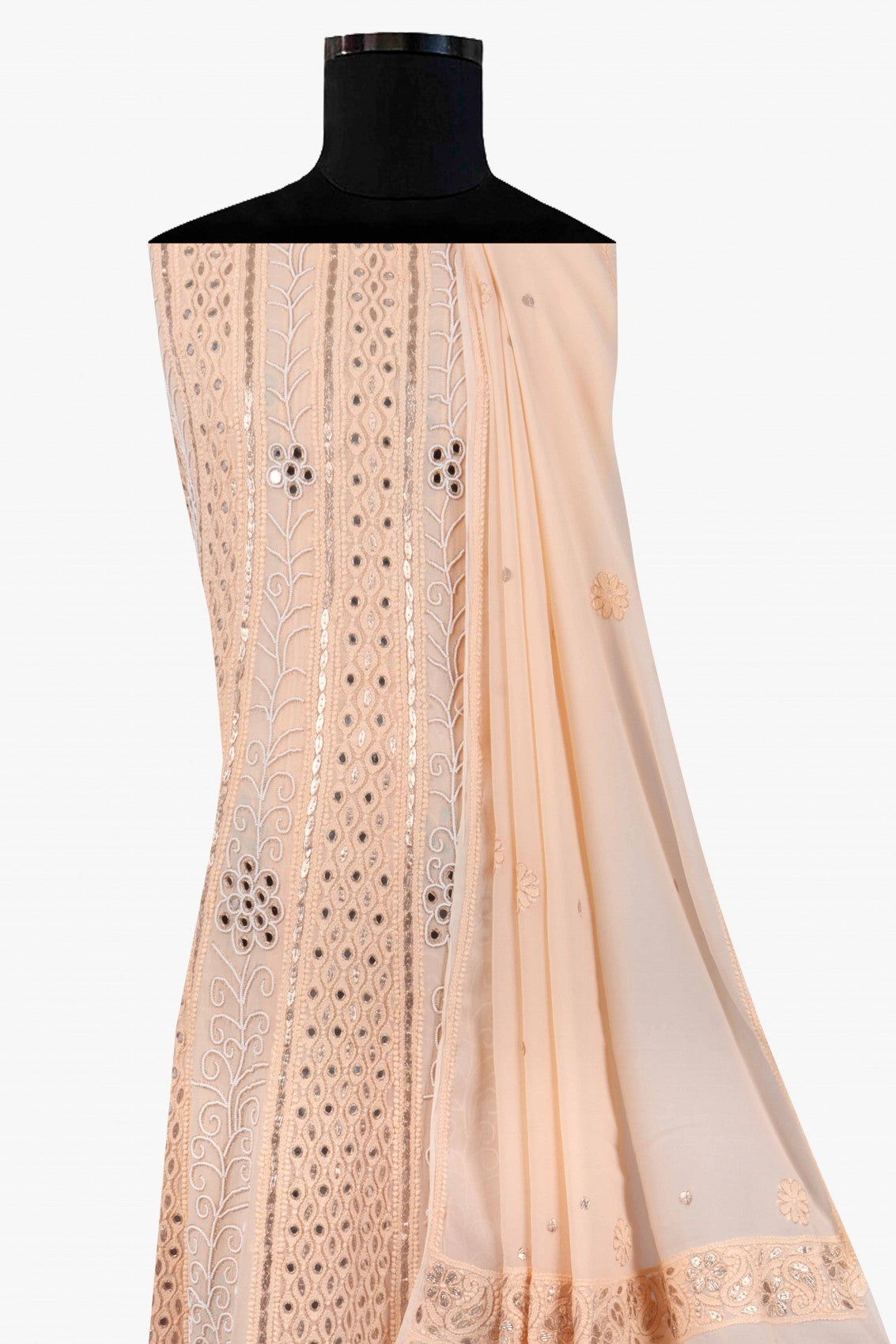 Ada Hand Embroidered Light Peach Georgette Lucknowi Chikankari Semi-Stitched Anarkali Kurta Dupatta Set With Gota Patti Work 01A135120