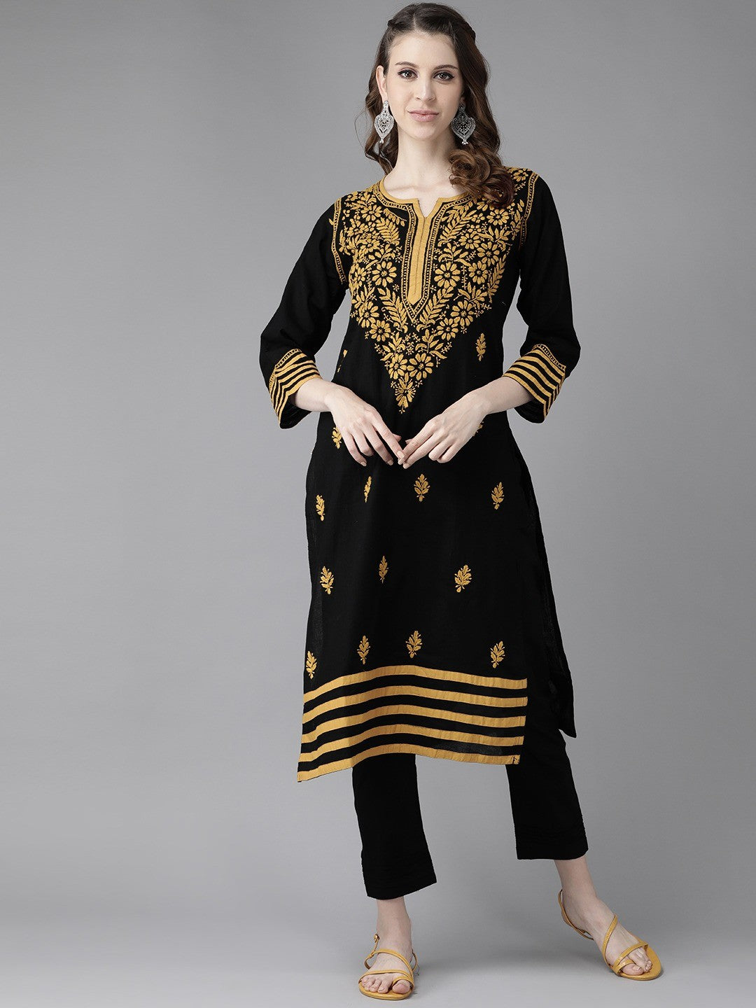 Ada Hand Embroidered Black Cotton Lucknowi Chikankari Straight Kurta Set A811184