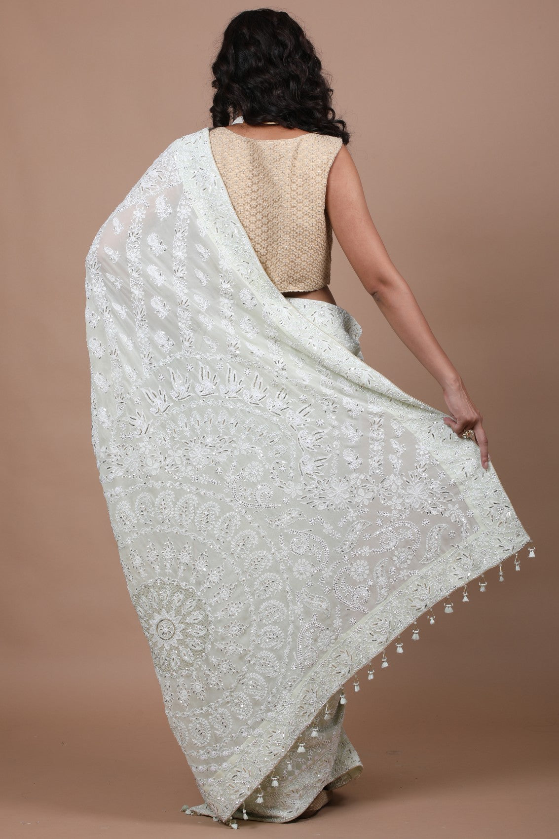 Ada Hand Embroidered Pista Green Georgette Lucknow Chikankari Saree/Blouse With Sequinned Work 01A209271