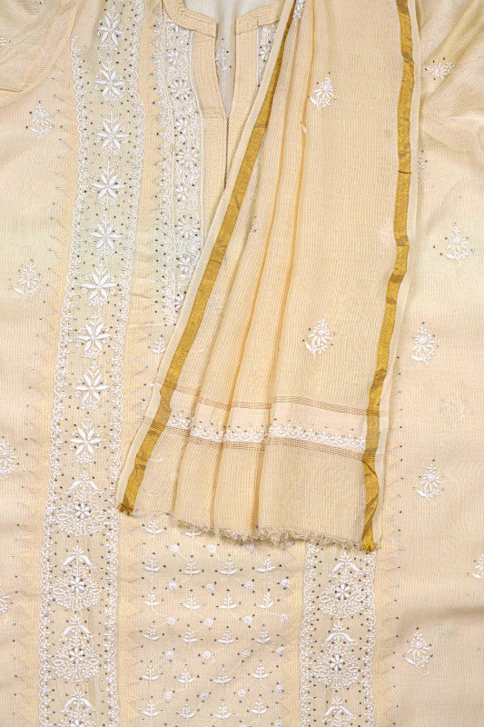 Ada Hand Embroidered Fawn Chanderi Lucknowi Chikan Unstitched Kurta Dupatta Set A145986