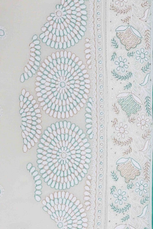 Ada Hand Embroidered Ivory Pure Georgette Lucknowi Chikankari Saree/Blouse With Muqaish Work -A56535