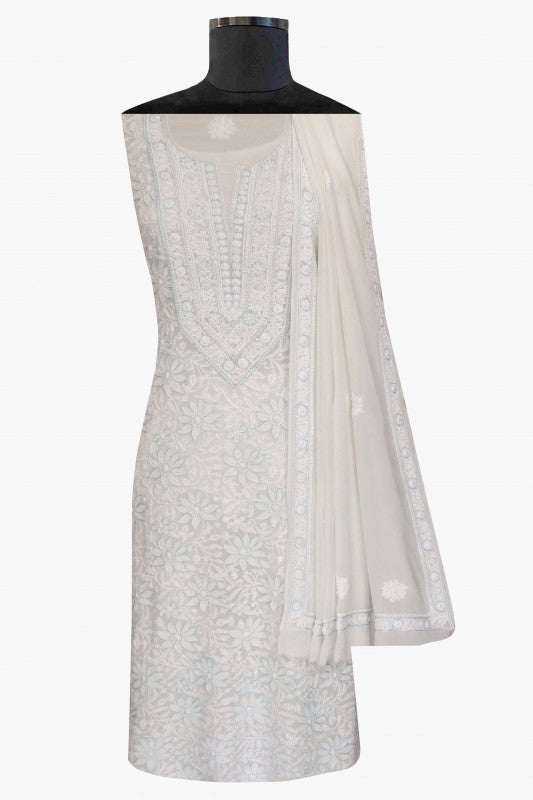 Ada Hand Embroidered White Pure Georgette Lucknowi Chikan Unstitched Kurta Dupatta Set With Pearl & Sequinned Work-A617654