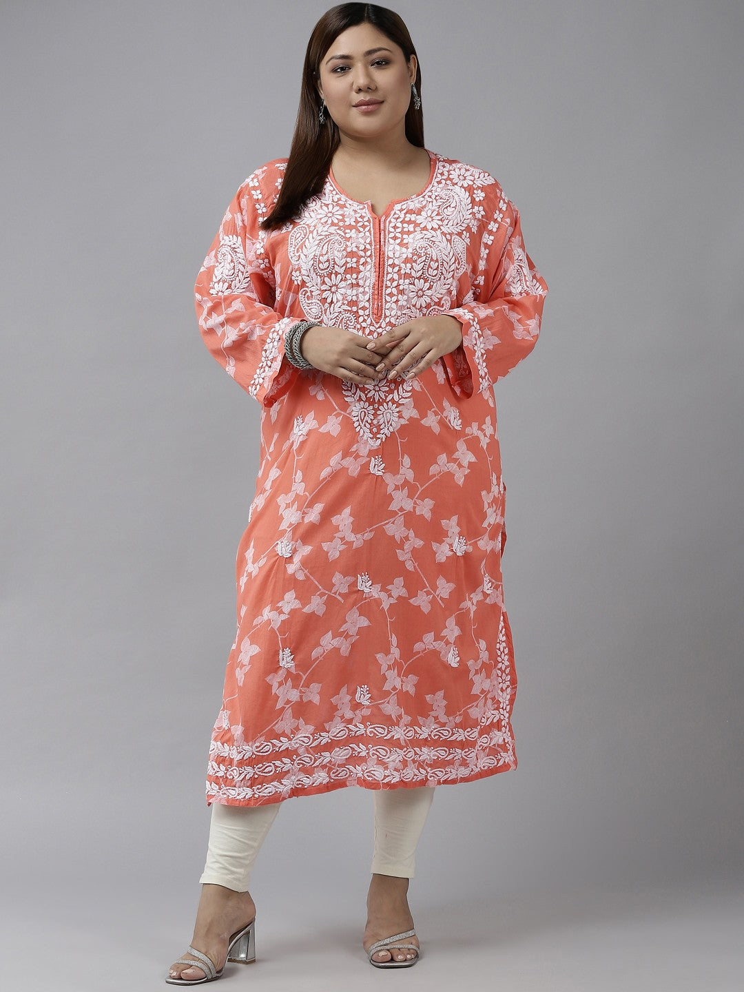 Ada Hand Embroidered Orange Cotton Lucknowi Chikankari Straight Kurta A411265