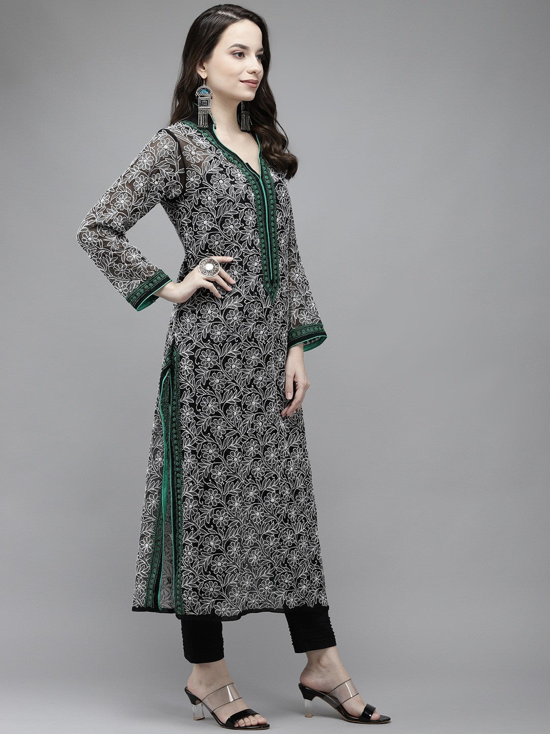 Ada Hand Embroidered Black Georgette Lucknow Chikan Kurta A411270