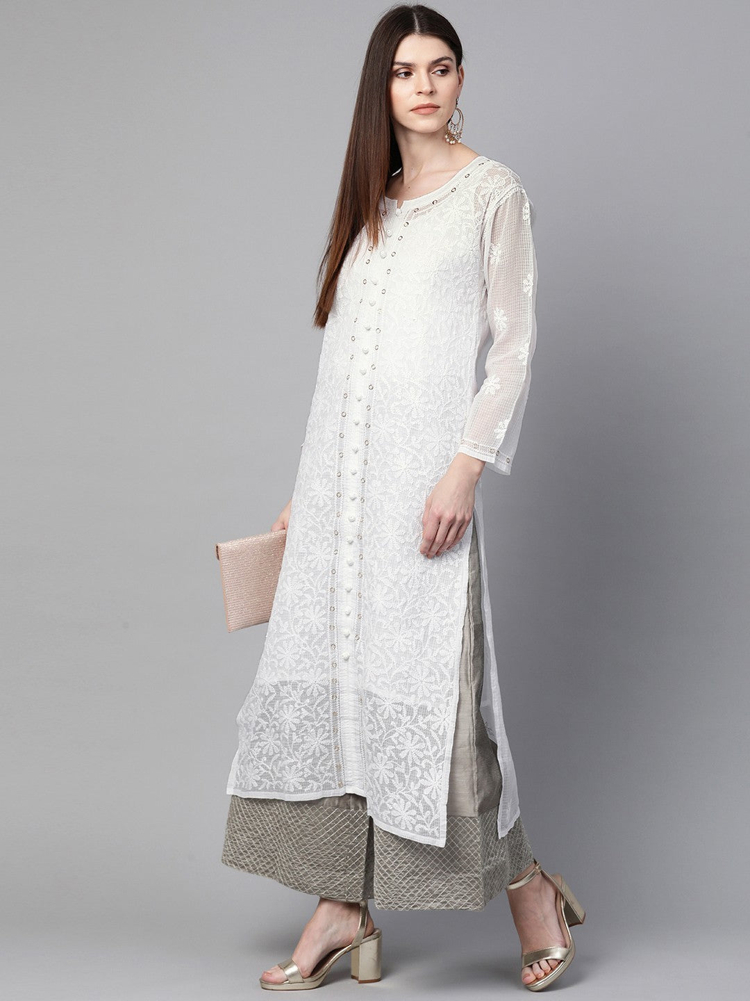 Ada Hand Embroidered White Kota Lucknowi Chikan straight Kurta/Slip With Muqaish Work– A100415