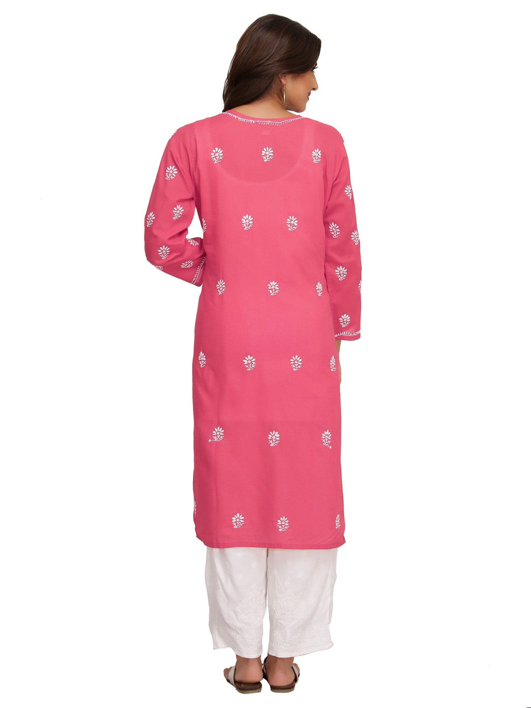 Ada Hand Embroidered Carrot Pink Cotton Lucknowi Chikankari Straight  Kurti A249004