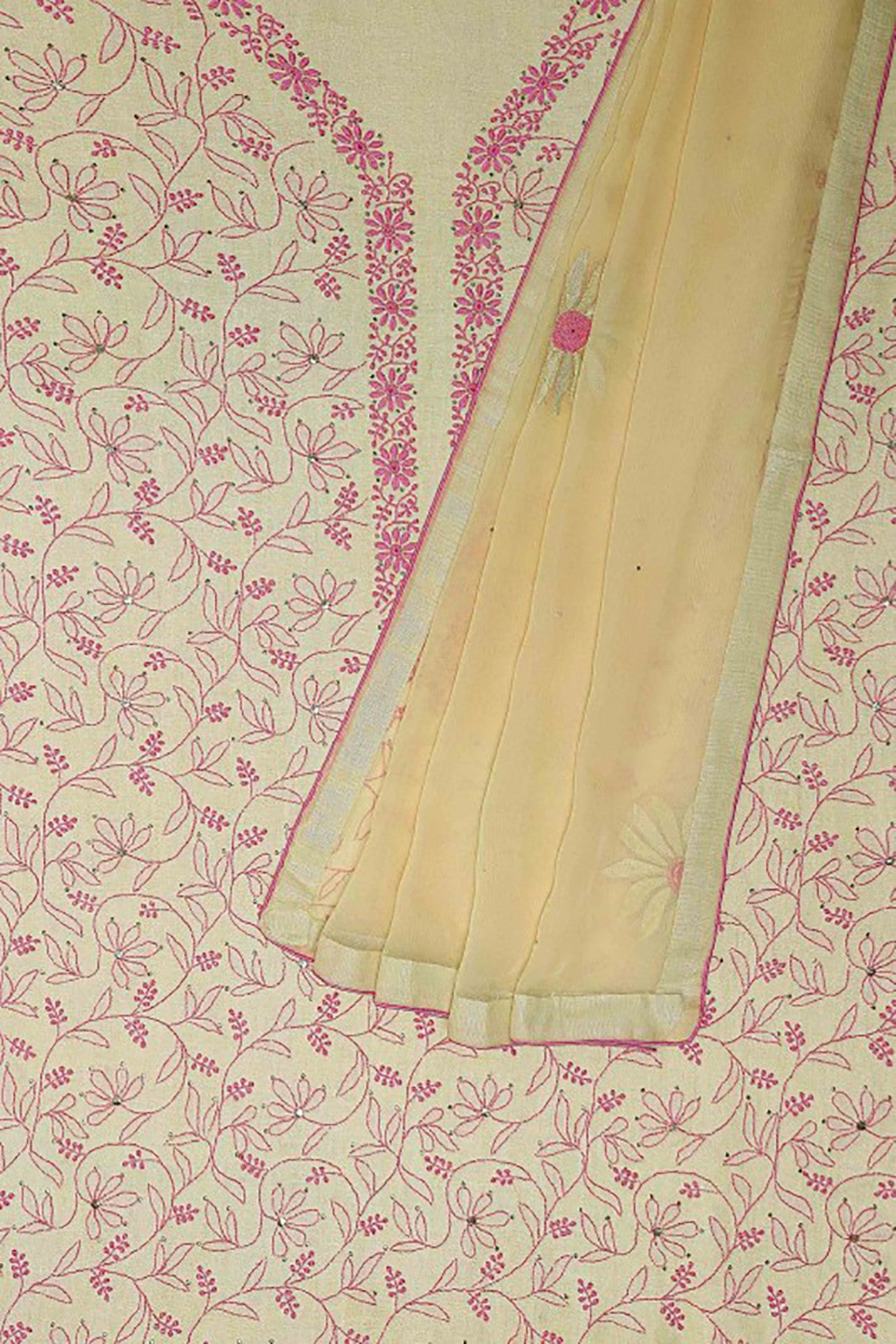 Ada Hand Embroidered Lemon Linen Lucknowi Chikankari Unstitched Kurta Dupatta With Muqaish Work A206684