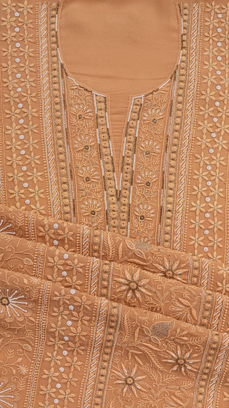 Ada Hand Embroidered Fawn Pure Georgette Lucknowi Chikan Unstitched Kurta Dupatta Set with Pearl Work A576803