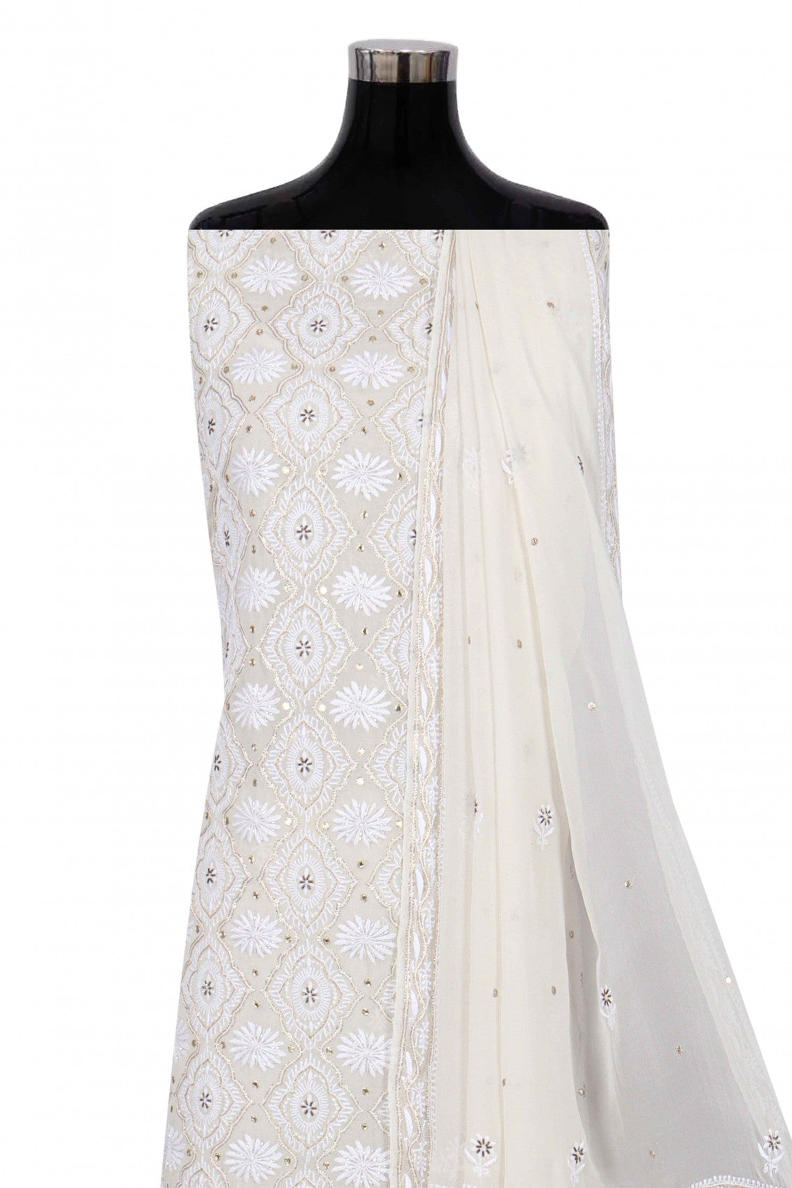 Ada Hand Embroidered White Pure Georgette Lucknowi Chikankari Unstitched Kurta Dupatta Set With Cutdana Work A392440