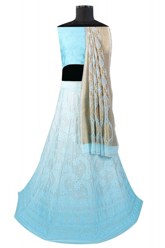 Ada Hand Embroidered Ombre Blue Chanderi Lucknowi Chikankari Lehenga Set 01A127217