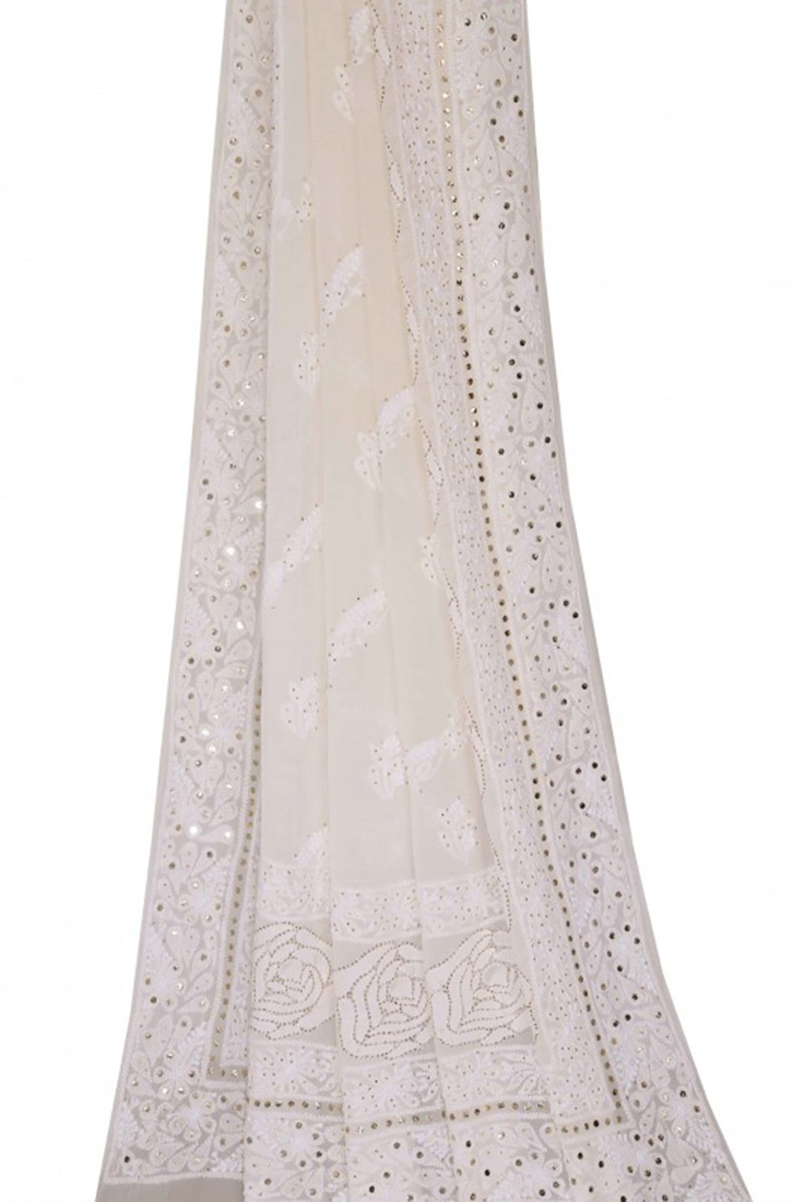 Ada Hand Embroidered White Pure Georgette Lucknowi Chikankari Dupatta With Muqaish Work 01A20542