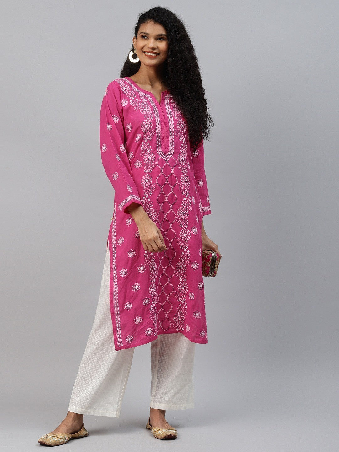 Ada Hand Embroidered Magenta Cotton Lucknow Chikankari Straight Kurta A144029