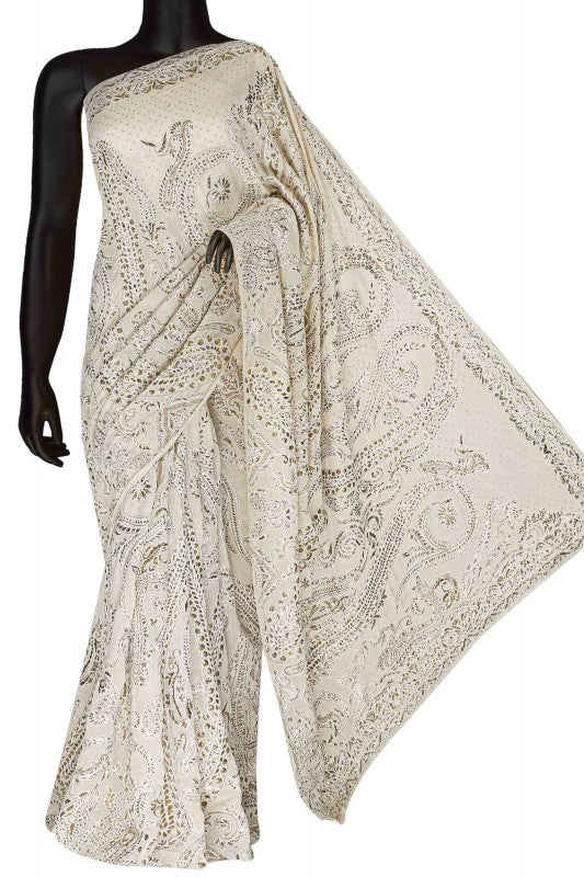 Ada Hand Embroidered Gardenia Cream Pure Georgette Lucknow Chikan Saree/Blouse With Muqaish Work A414332