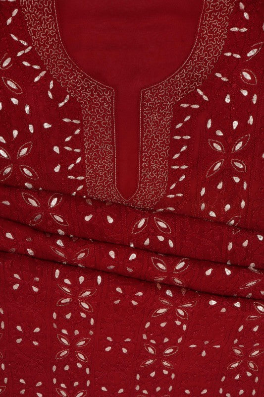 Ada Hand Embroidered Maroon Georgette Lucknowi Chikan Unstitched Kurta Piece With Gota Patti Work A330482