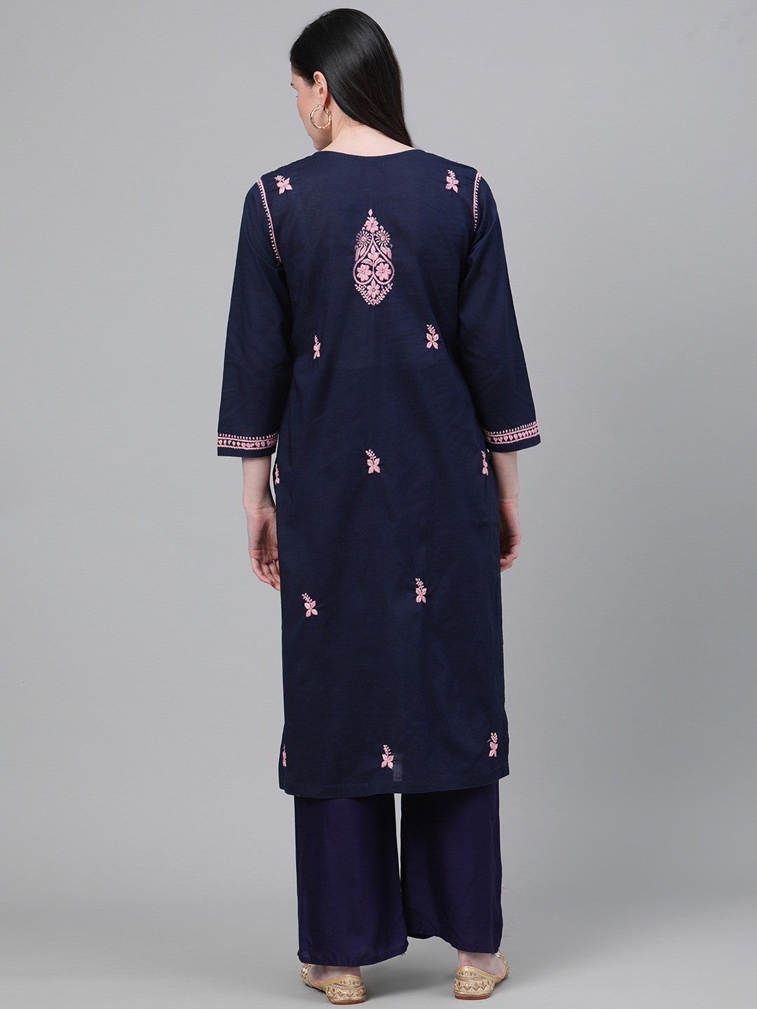 Ada Hand Embroidered Navy Blue Cotton Lucknowi Chikankari Straight Kurta A411144