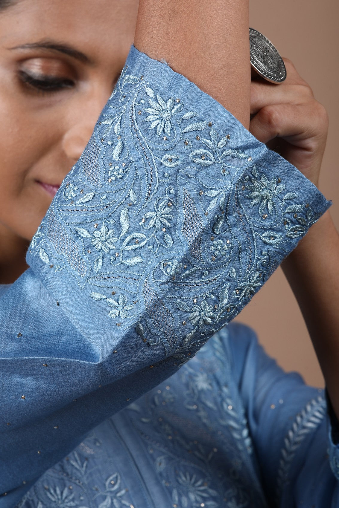 Ada Hand Embroidered Sapphire Blue Chanderi Lucknowi Chikankari Semi-Stitched Anarkali Kurta Dupatta Set With Muqaish Work A623456